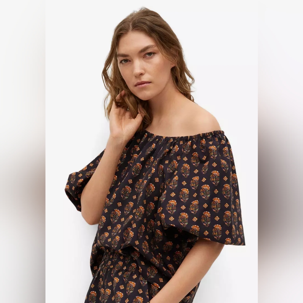 Mango Black & Orange Pure Cotton Off-Shoulder Bardot Top